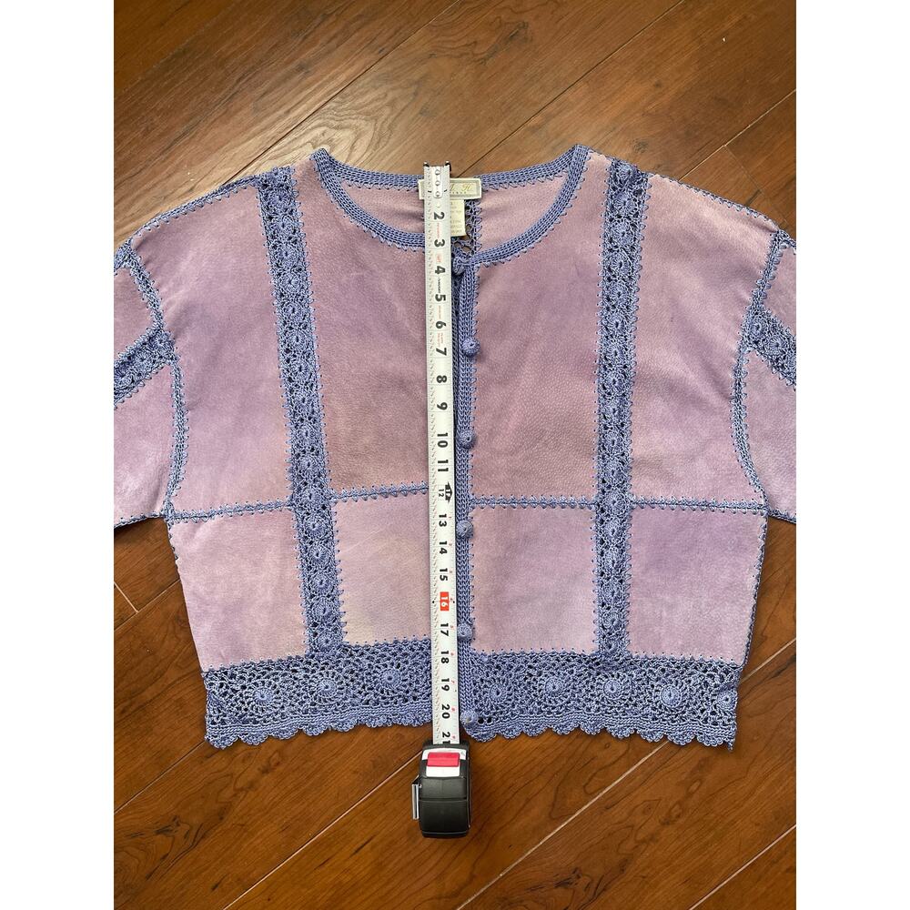 VNTG S.M.H Leather Purple Patchwork Floral Crochet Knit Button Up Jacket Sz XL - Picture 9 of 10